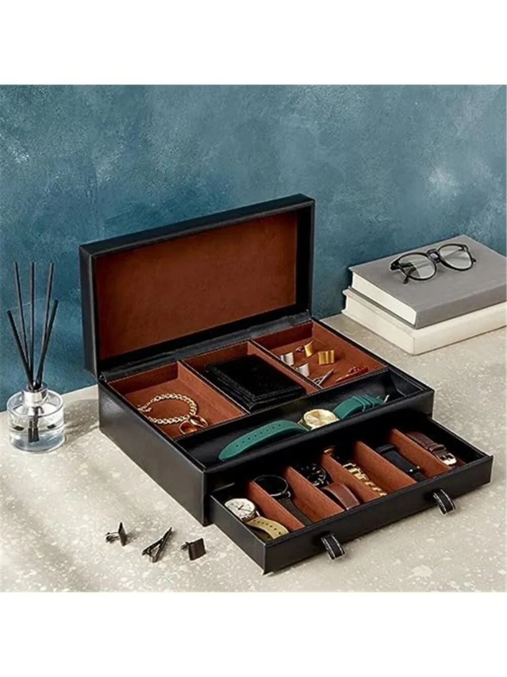 Jewelry Box Organizer and Holder - Black Watch Box with Leather Valet